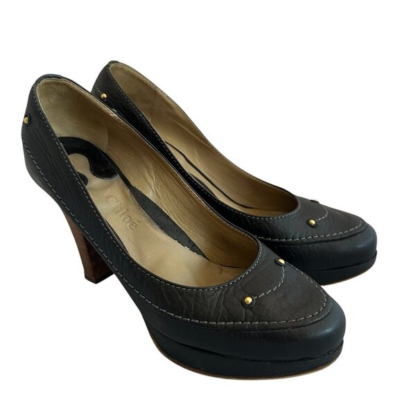 Chloe Leather Round Toe Pumps High Heels Wooden Black Size 38 7.5 Women's - Picture 1 of 14